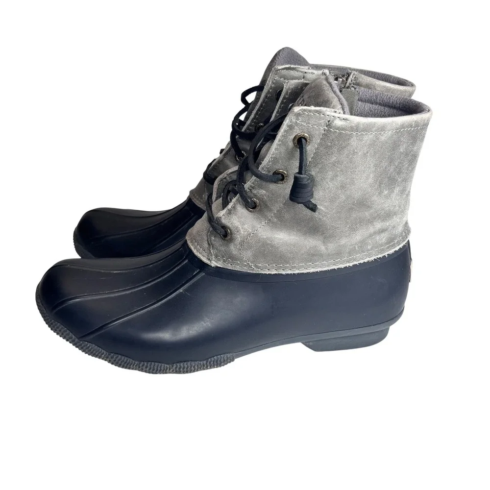 Sperry Saltwater Duck Boots‎ Gray Black Leather Rubber Rain Winter Womens 9.5